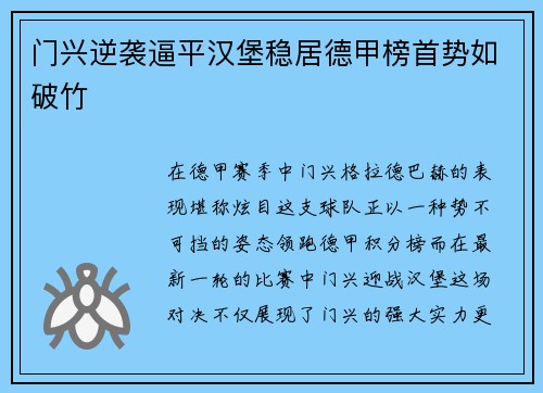门兴逆袭逼平汉堡稳居德甲榜首势如破竹