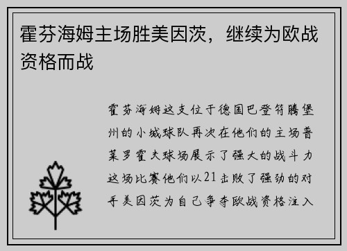 霍芬海姆主场胜美因茨，继续为欧战资格而战
